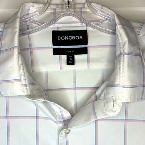 Bonobos Slim Fit Tech Plaid Button-up Shirt XL Long White w/blue & pink plaid